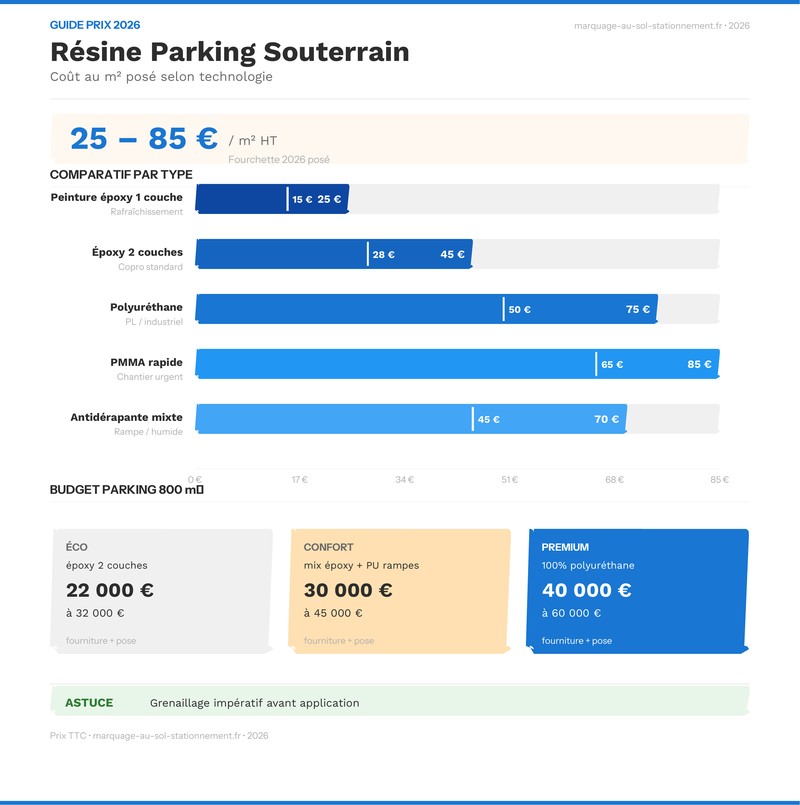 Infographie comparatif prix résine sol parking souterrain par technologie 2026