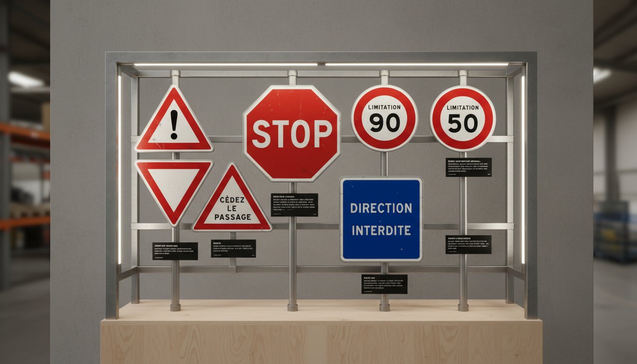 Panneaux de signalisation verticale routière en aluminium classés par catégories sur fond blanc