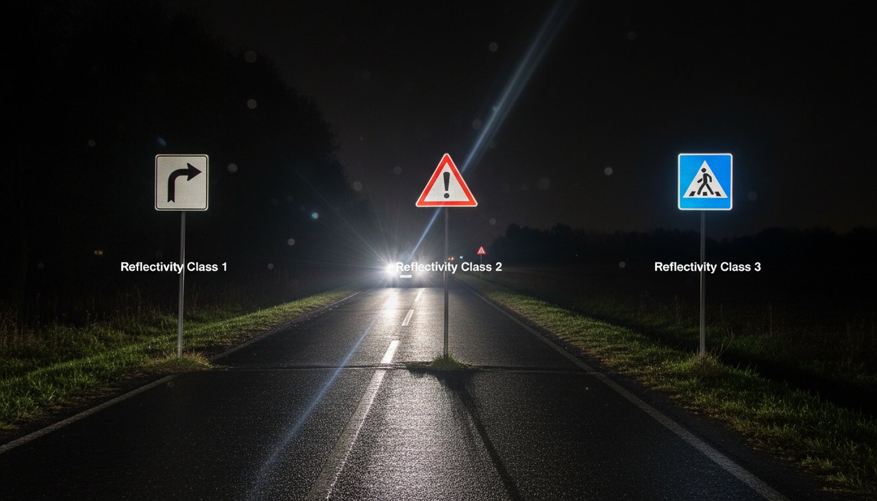 Comparaison de panneaux de signalisation différentes classes de rétroréflectivité illuminés de nuit