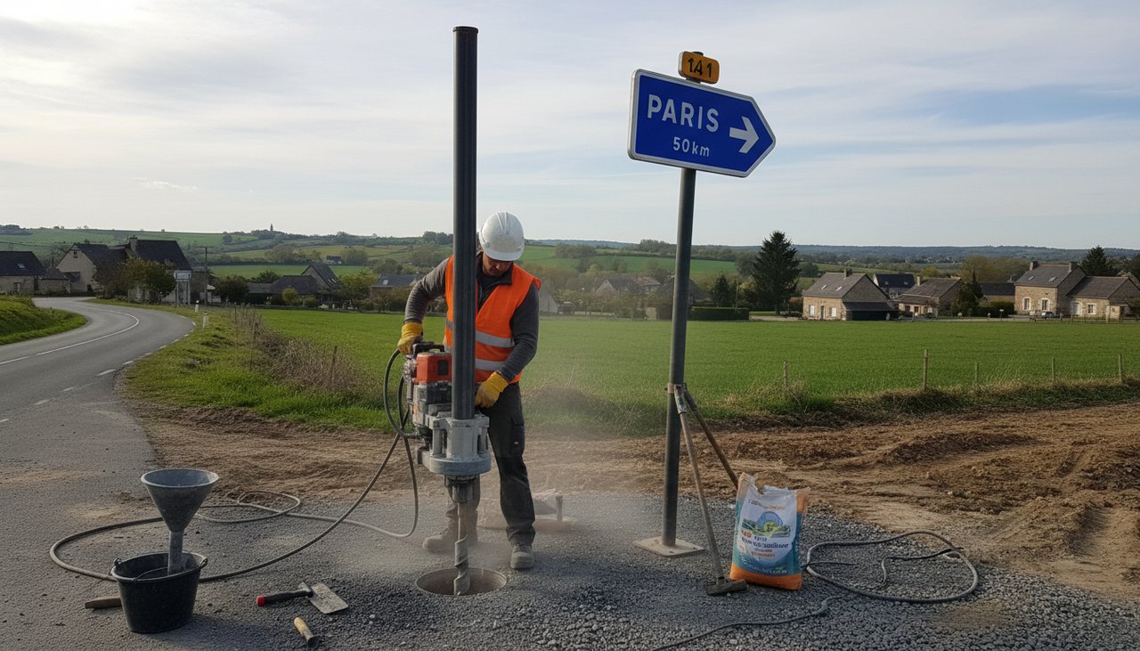 Ouvrier scellant un panneau de signalisation verticale dans le sol béton d'un parking