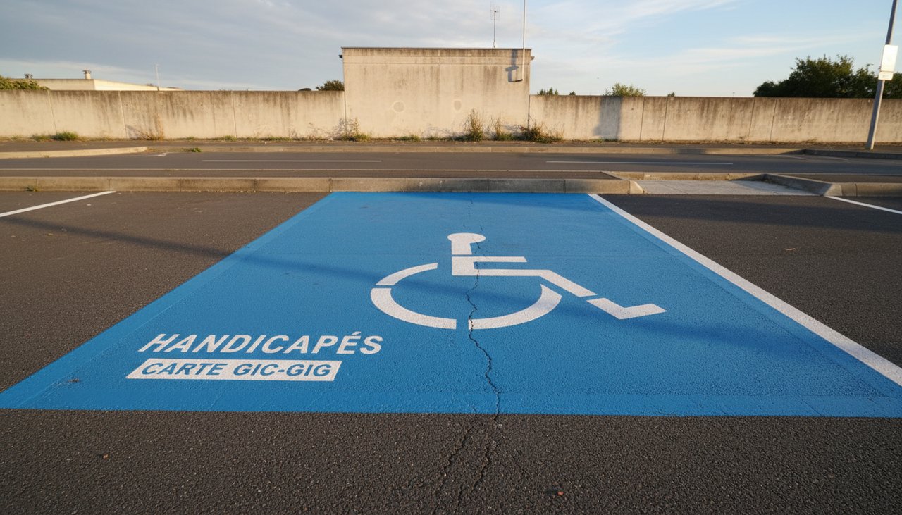 Marquage au sol d'une place handicapé avec logo bleu réglementaire