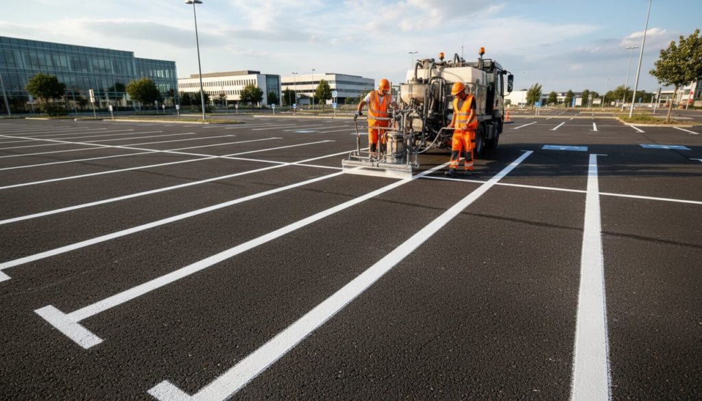 Traçage de places de parking par un professionnel avec machine de marquage