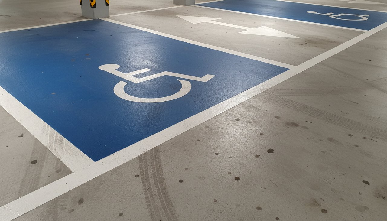 Marquage réglementaire au sol d'un parking d'entreprise : lignes blanches, places PMR bleues, flèches directionnelles