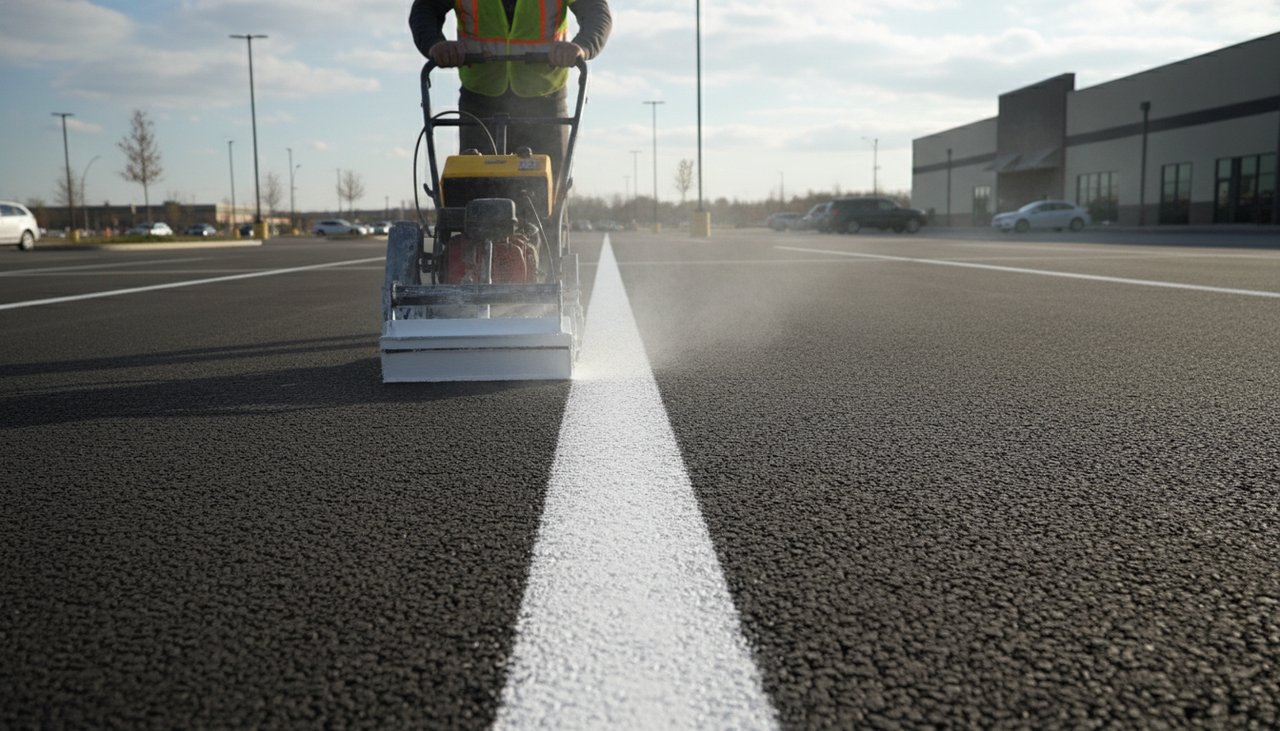 Technicien appliquant de la peinture de marquage au sol dans un parking d'entreprise, traceur thermoplastique