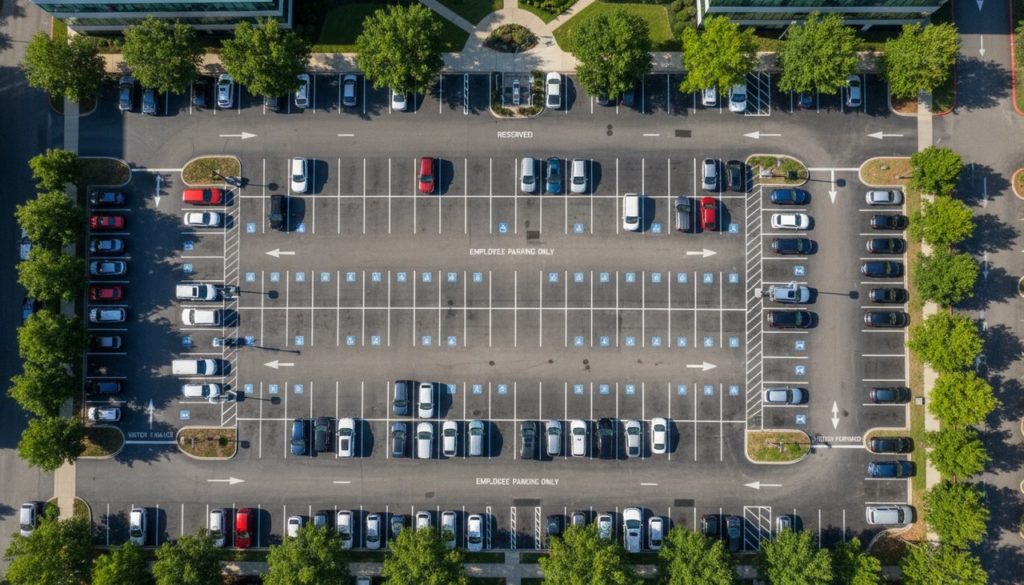 Parking d'entreprise avec marquage au sol réglementaire, places bleues et jaunes, signalisation complète