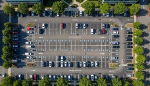 Parking d'entreprise avec marquage au sol réglementaire, places bleues et jaunes, signalisation complète
