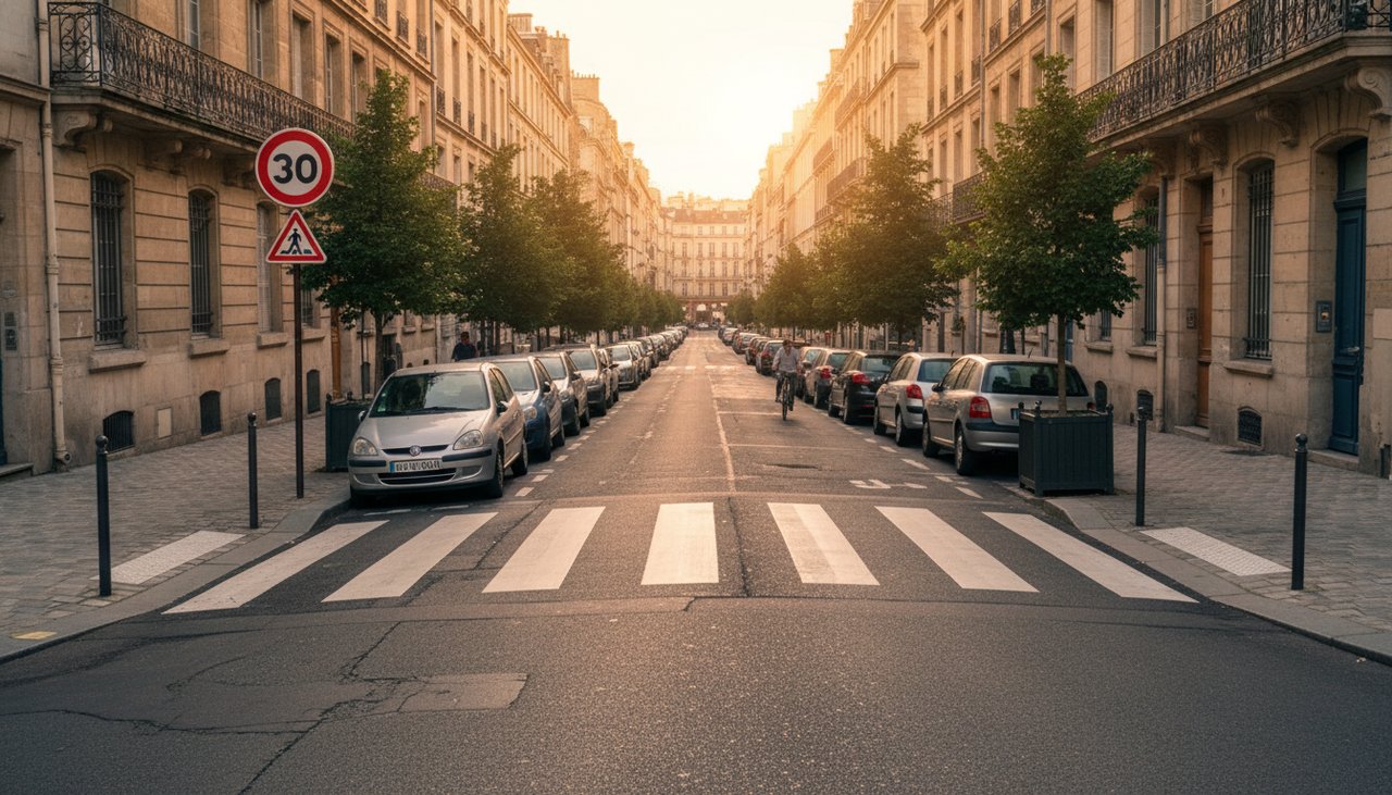 Passage piétons avec marquage blanc surélevé en zone 30 dans une commune urbaine