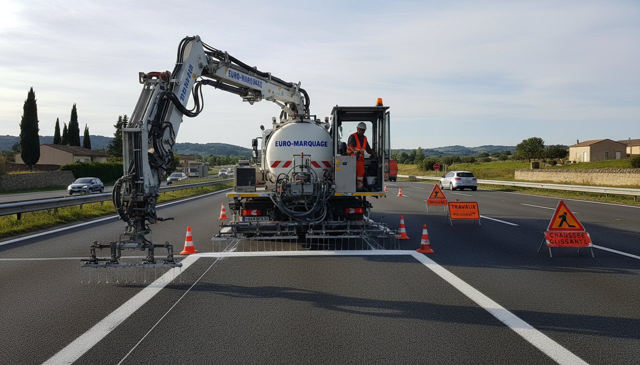 Flèches directionnelles blanches peintes sur une chaussée à une bifurcation routière, vue en plongée