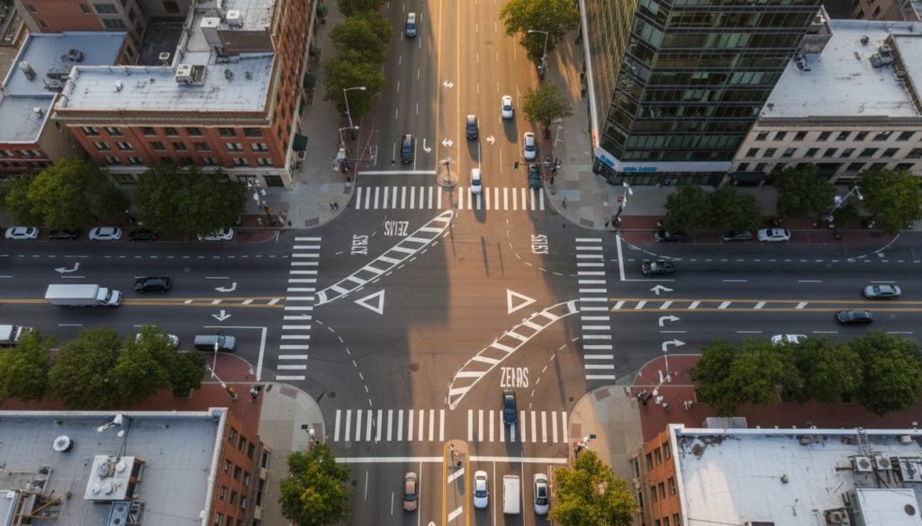 Marquages au sol multiples sur une intersection urbaine : lignes blanches, passages piétons, cédez-le-passage