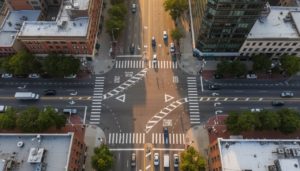 Marquages au sol multiples sur une intersection urbaine : lignes blanches, passages piétons, cédez-le-passage