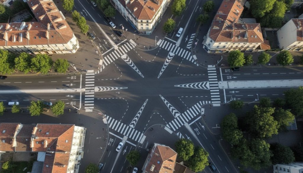 Vue aérienne d'une intersection urbaine avec marquages au sol : lignes blanches, passages piétons et flèches directionnelles