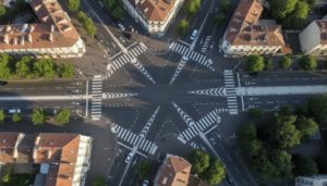 Vue aérienne d'une intersection urbaine avec marquages au sol : lignes blanches, passages piétons et flèches directionnelles