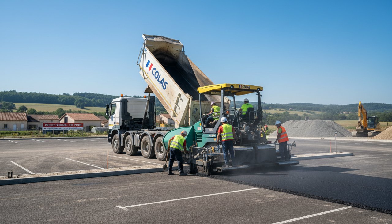 Camion finisseur déposant l'enrobé bitumineux sur un parking en cours de pose