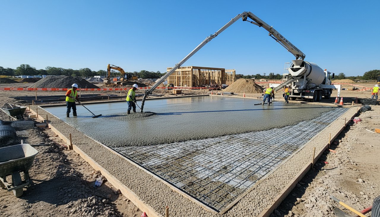 Coulage de dalle béton sur armature treillis soudé pour parking avec préparation du support en grave compactée