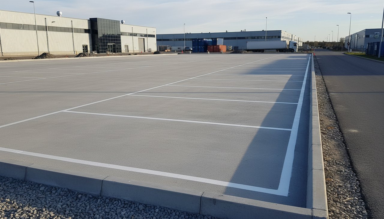 Dalle béton de parking neuve avec marquage au sol blanc et bordure dans une zone professionnelle