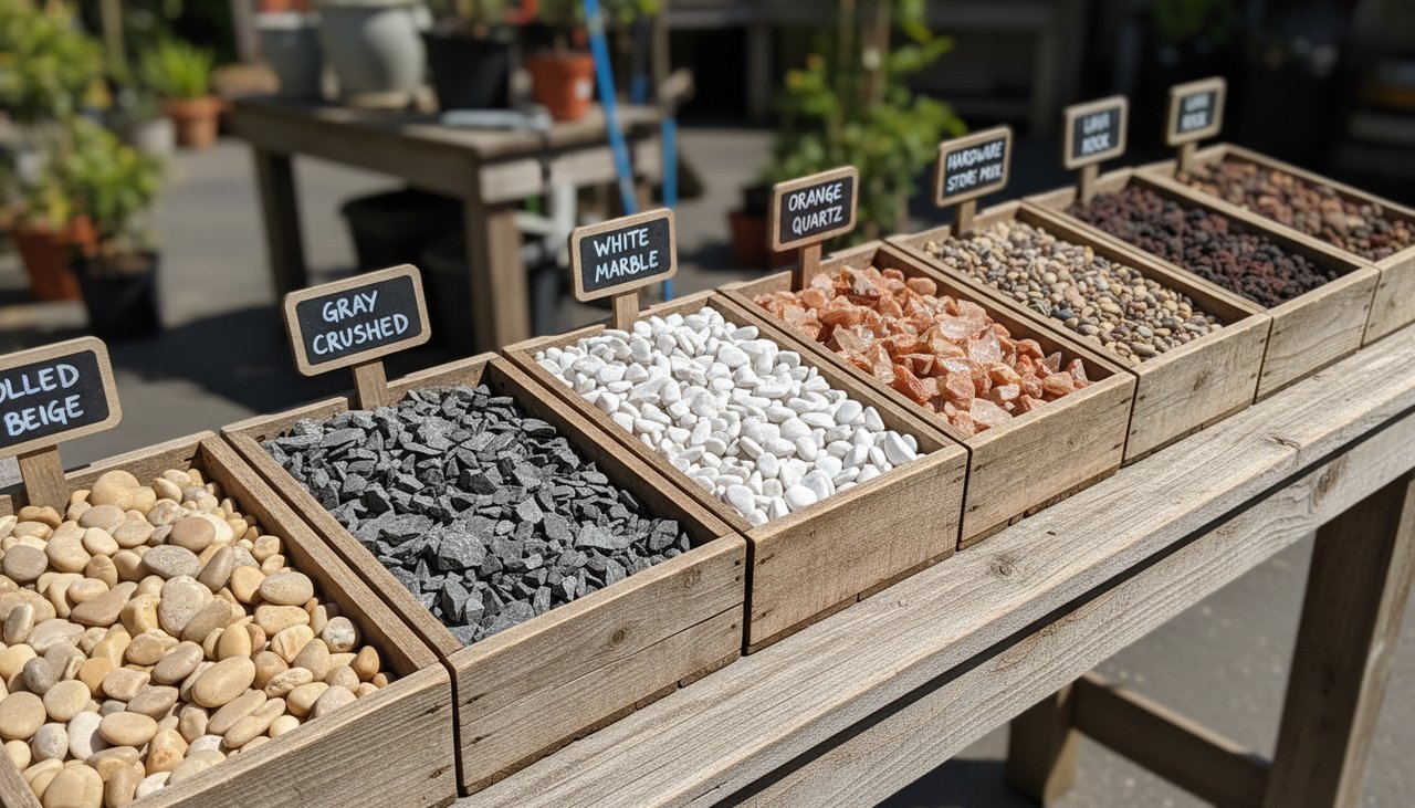 Différents types de gravillons exposés dans des bacs : roulé beige, concassé gris, marbre blanc et quartz