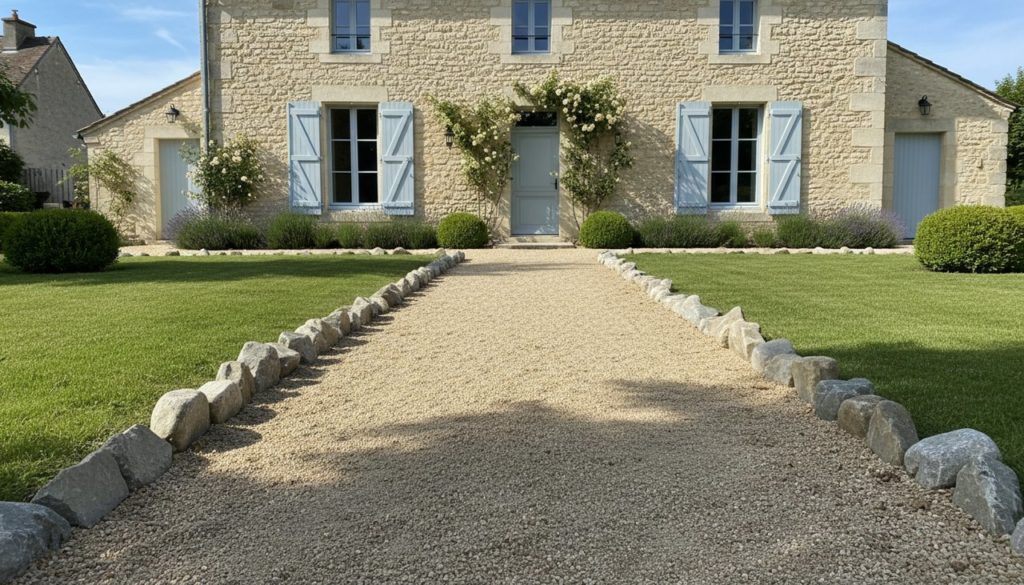 Allée de jardin moderne en gravillon décoratif beige avec bordures pierre dans une maison française