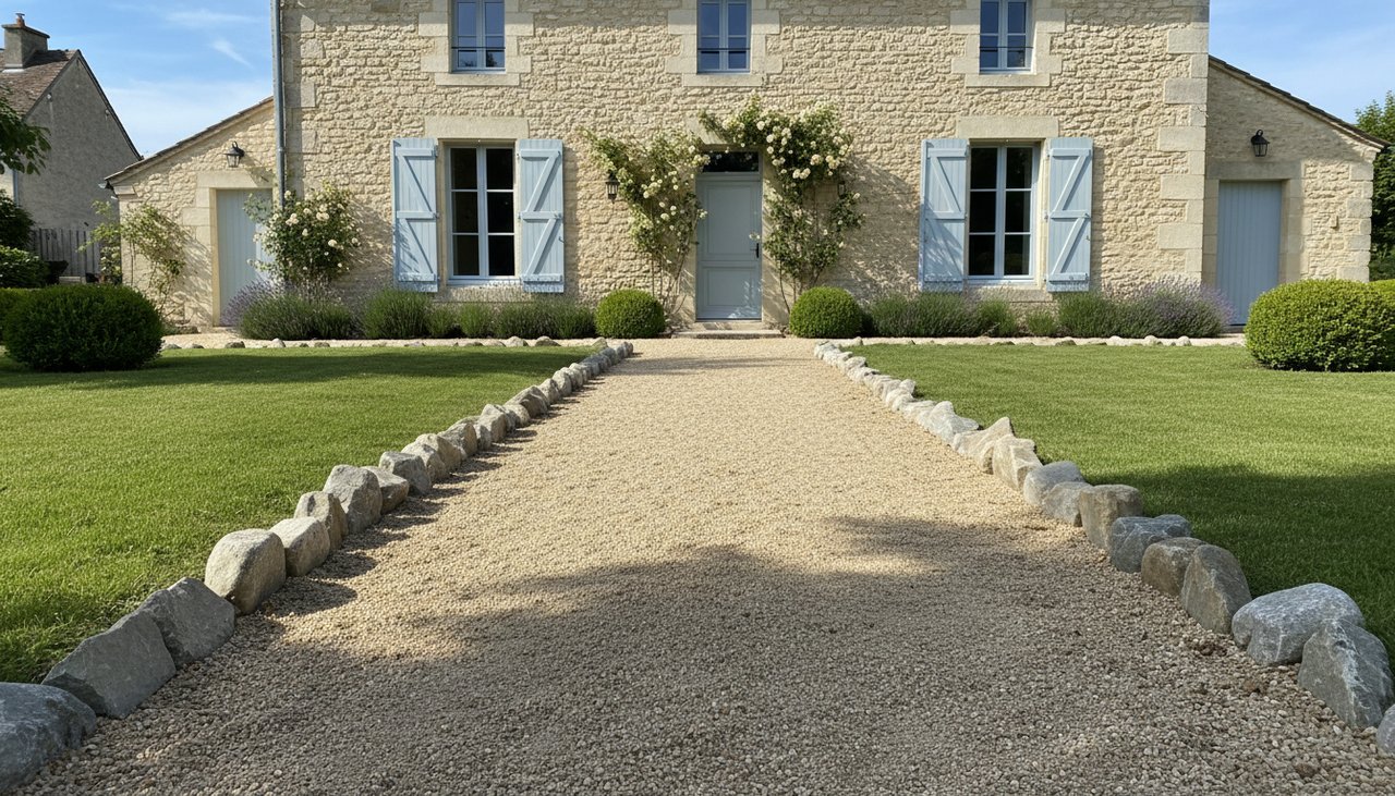 Allée de jardin moderne en gravillon décoratif beige avec bordures pierre dans une maison française
