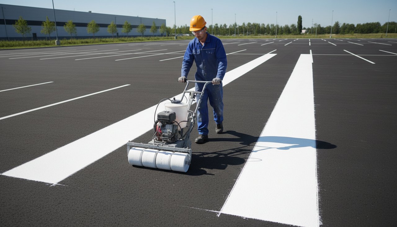 Application de peinture blanche pour places de parking sur revetement bitumeux en exterieur