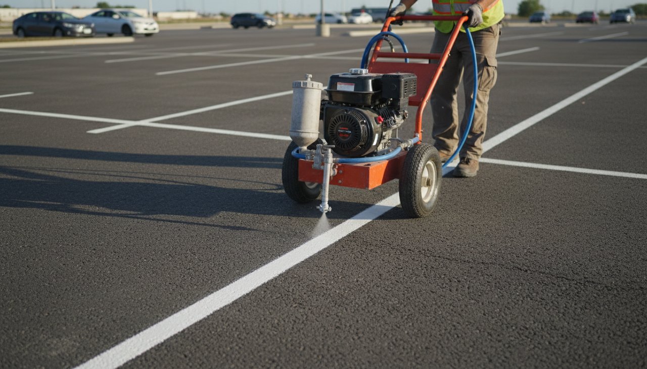 Outils traceur de bandes peinture parking pulverisateur airless sur enrobe noir prepare