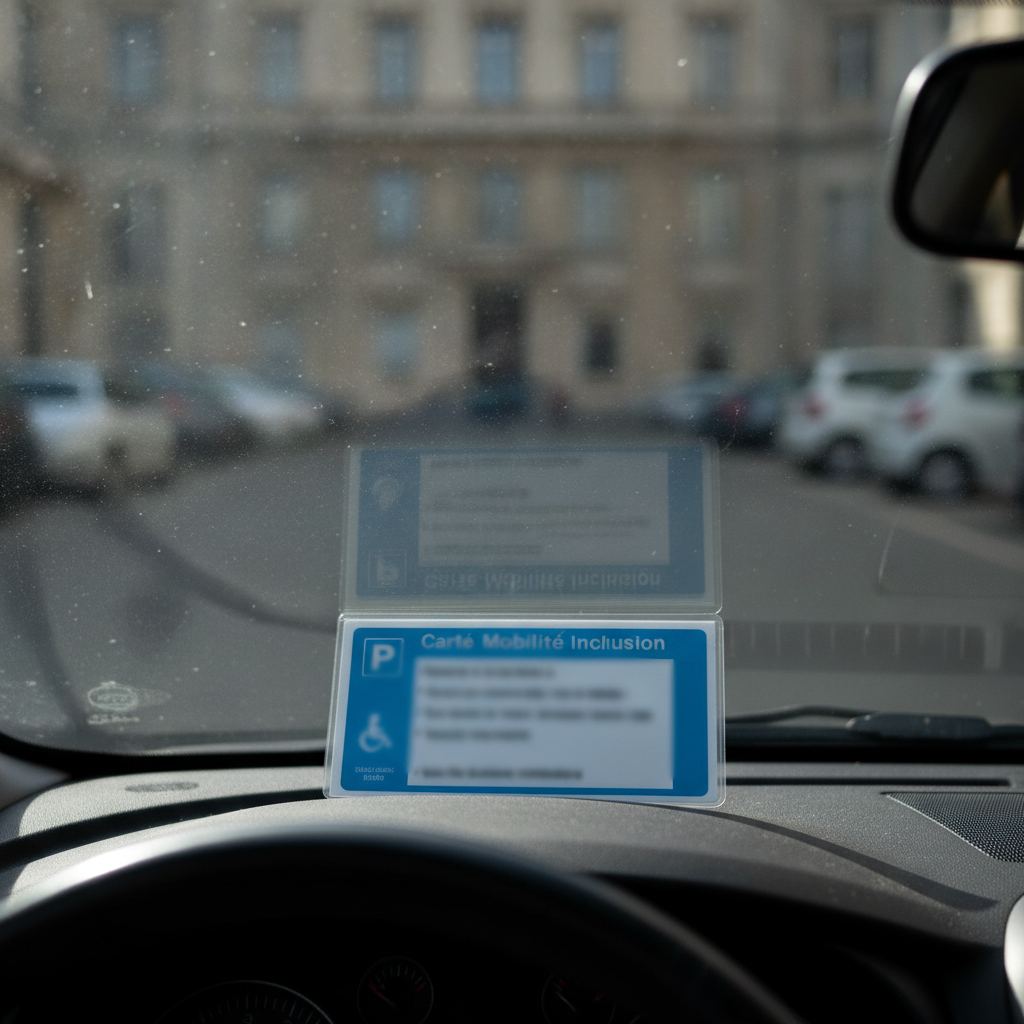 carte mobilité inclusion posée derrière le pare-brise d'une voiture