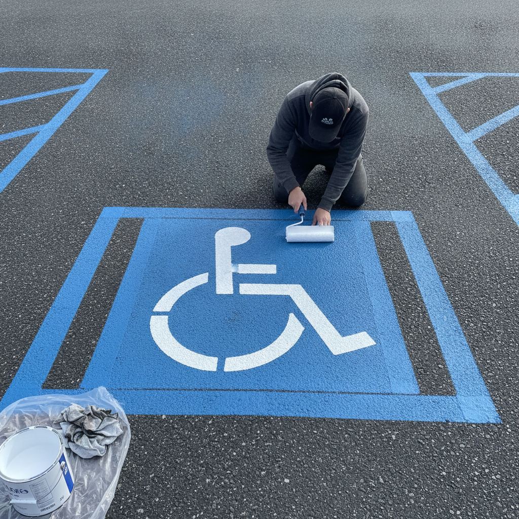 application au pochoir d'un pictogramme handicapé sur une place de parking