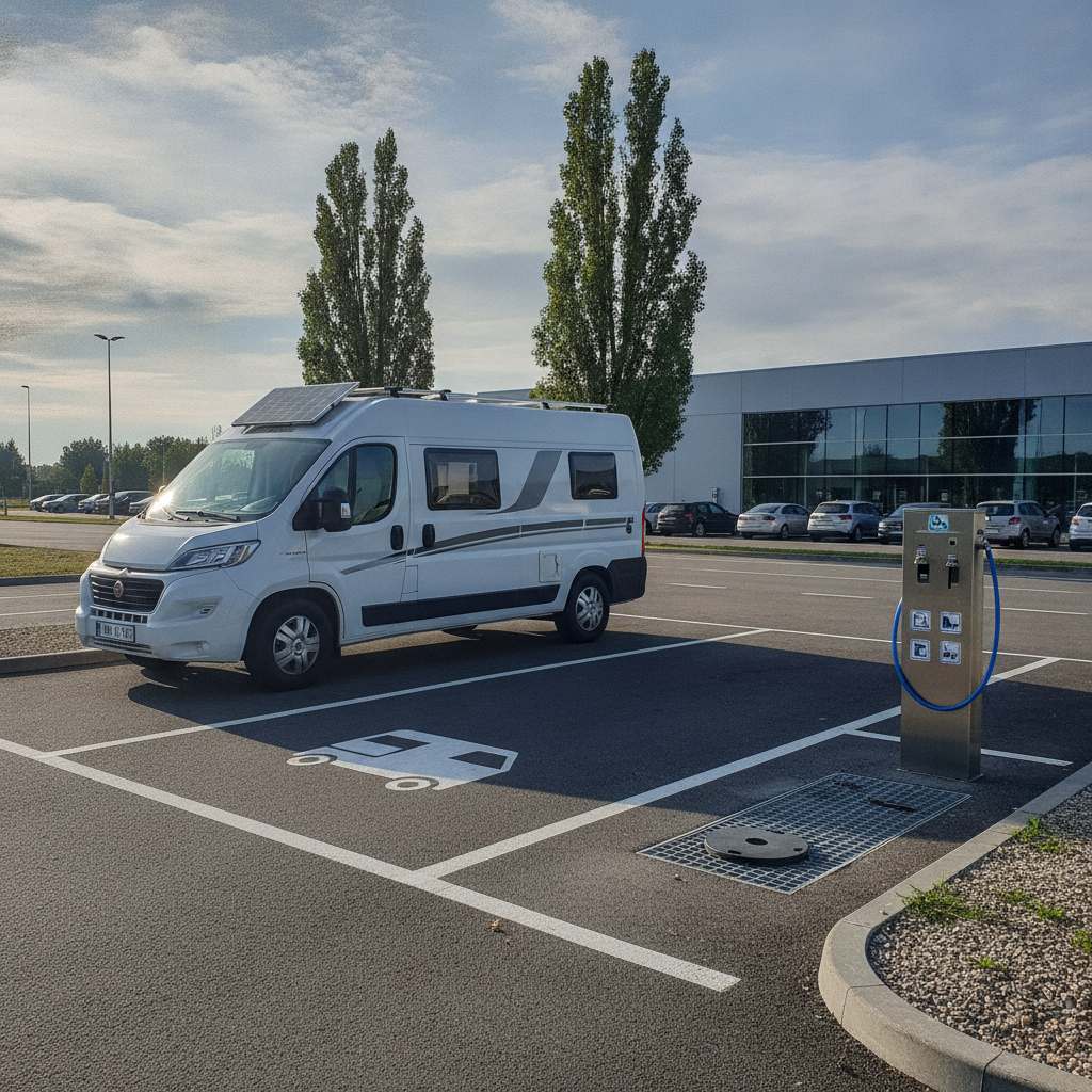 camping-car stationne sur une aire de services