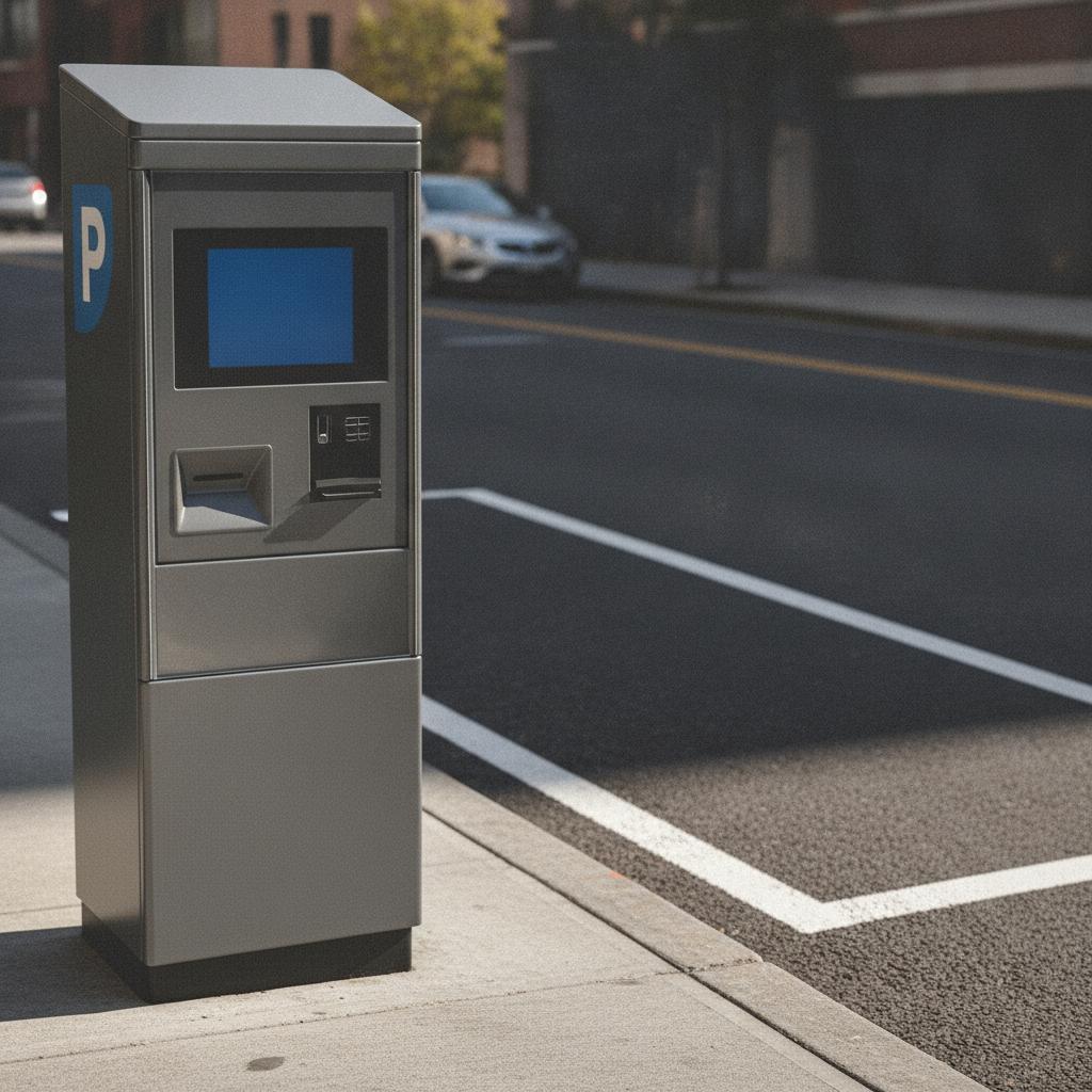 horodateur et marquage au sol blanc delimitant les places de stationnement payant