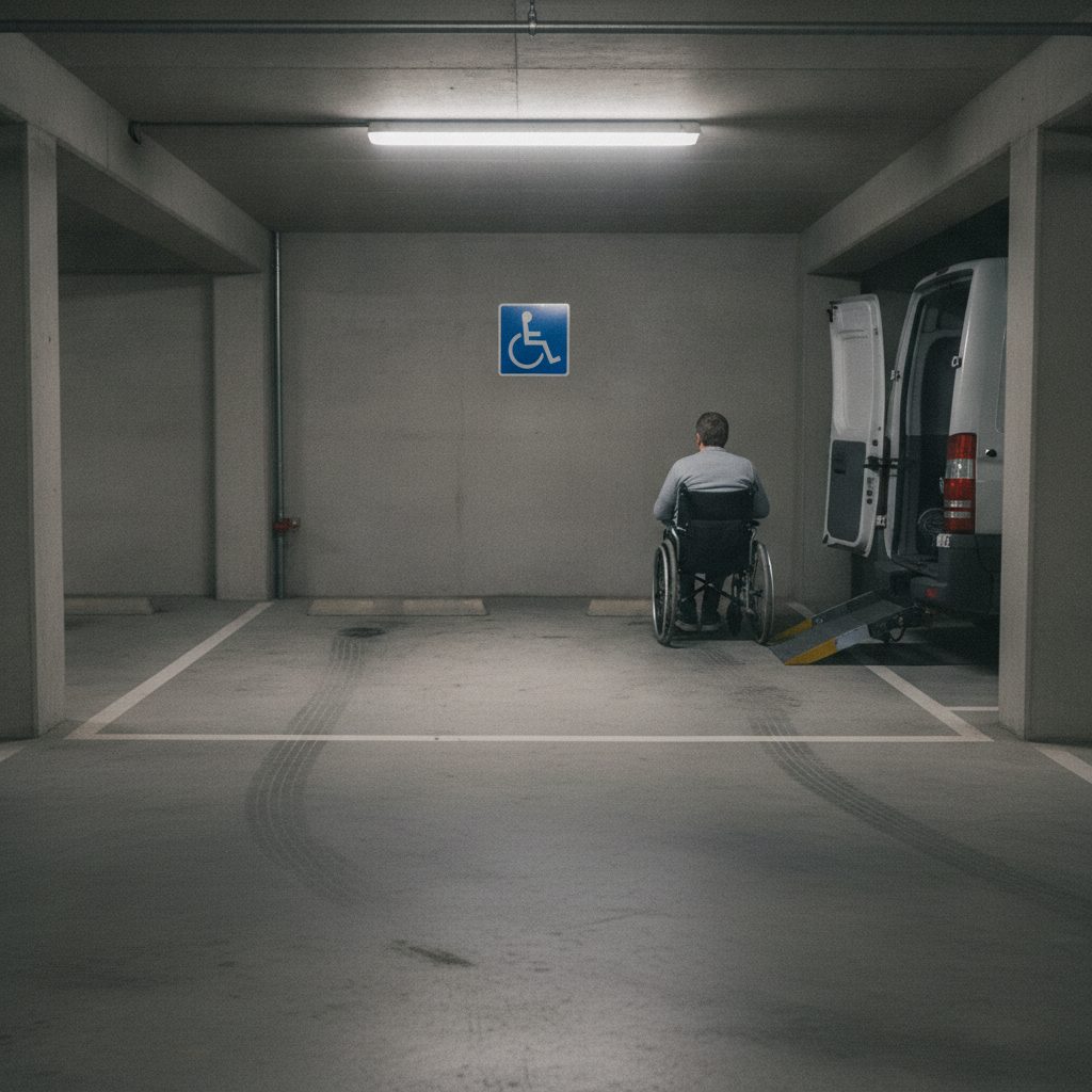 Personne en fauteuil roulant utilisant place stationnement PMR réservée CMI parking