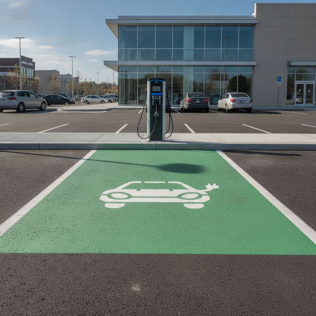 Place de parking voiture electrique avec marquage vert et pictogramme