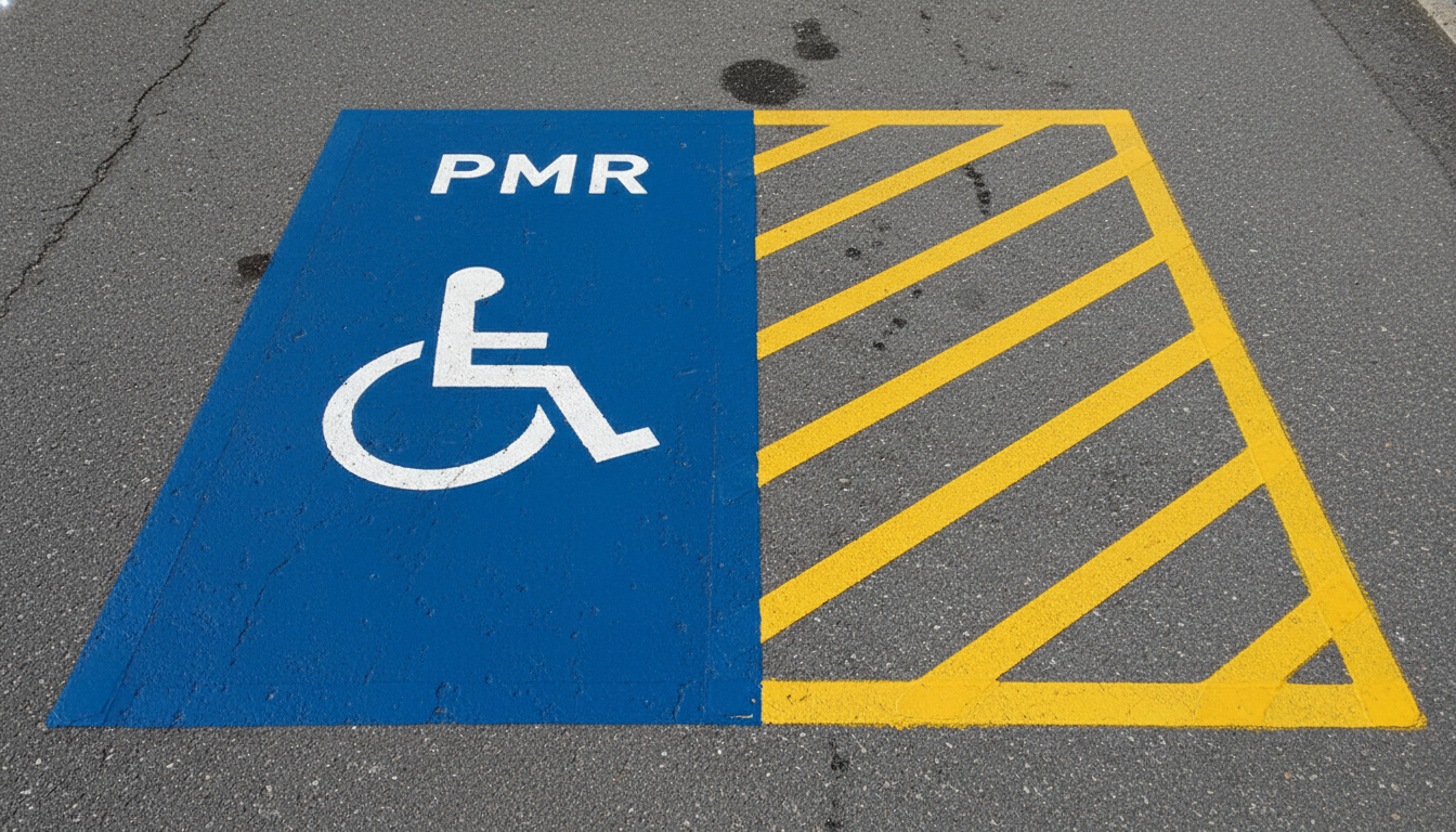 Pictogramme PMR blanc sur fond bleu peint au sol avec bandes hachurees de transfert lateral pour fauteuil roulant