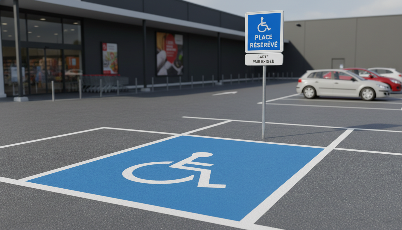 Place de stationnement PMR conforme avec pictogramme bleu et signalisation verticale dans un parking de supermarche