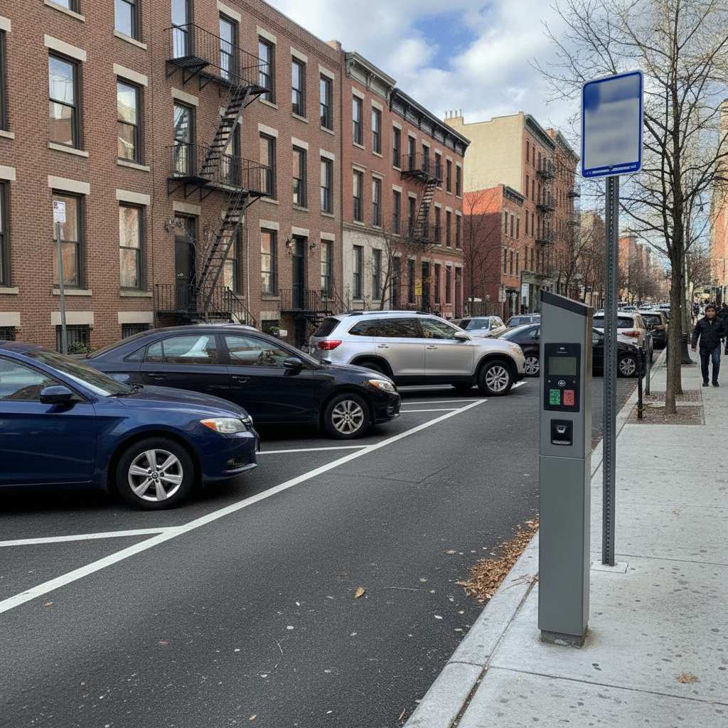 place de stationnement payant en ville avec horodateur et marquage au sol