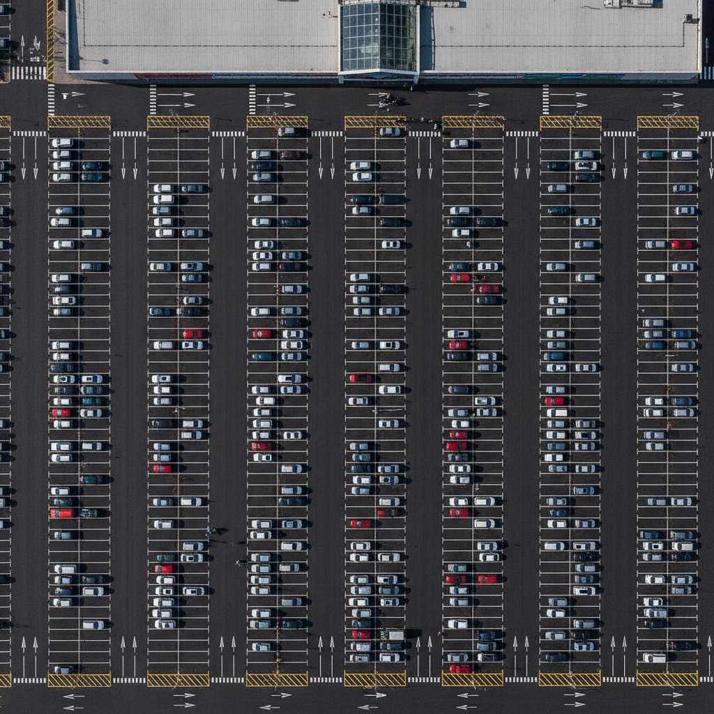 Parking en bataille vu du ciel avec places perpendiculaires