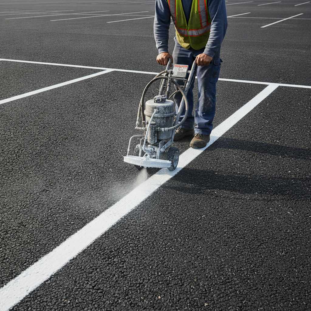 Traçage des lignes de places de parking au sol avec une machine traceuse