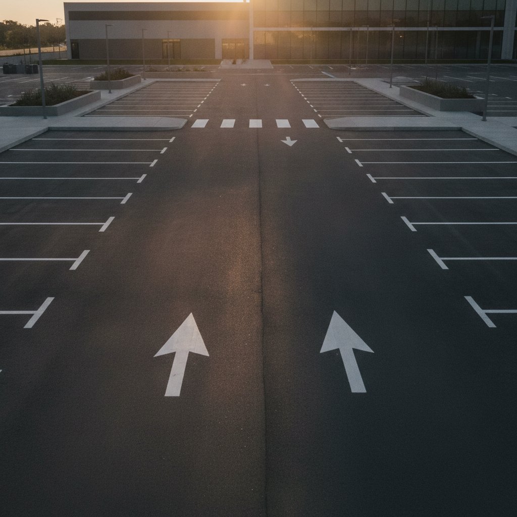 Parking en bataille avec flèches directionnelles et passages piétons