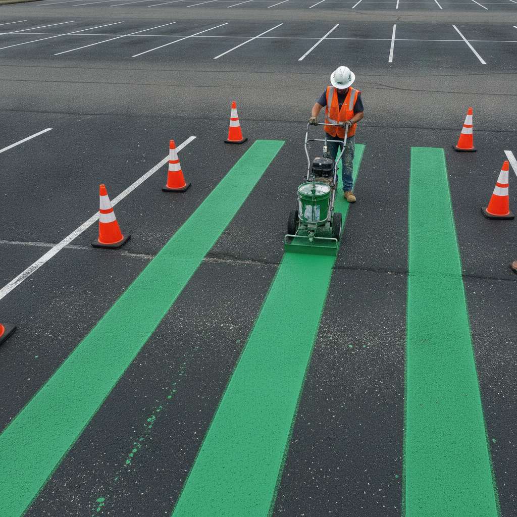 Application de peinture verte sur une place de recharge avec machine de tracage