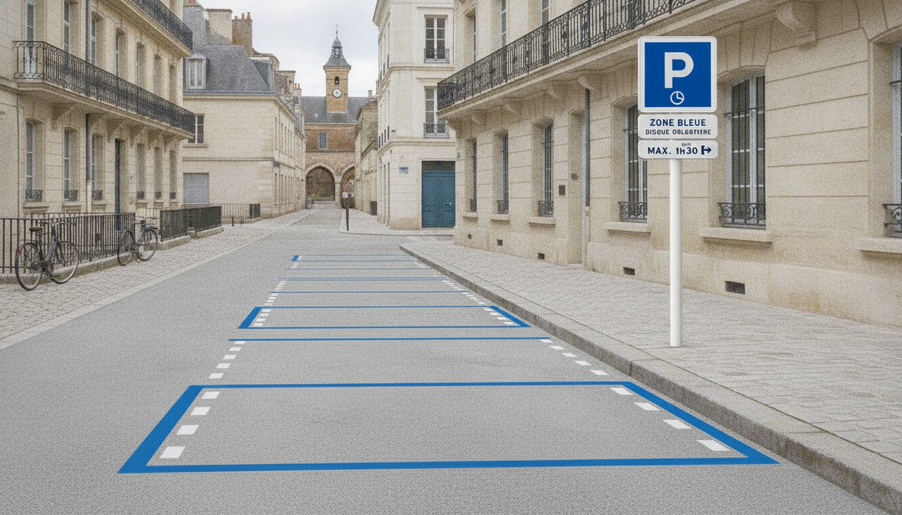 Marquage au sol bleu d'une zone bleue de stationnement avec panneau de signalisation en centre-ville
