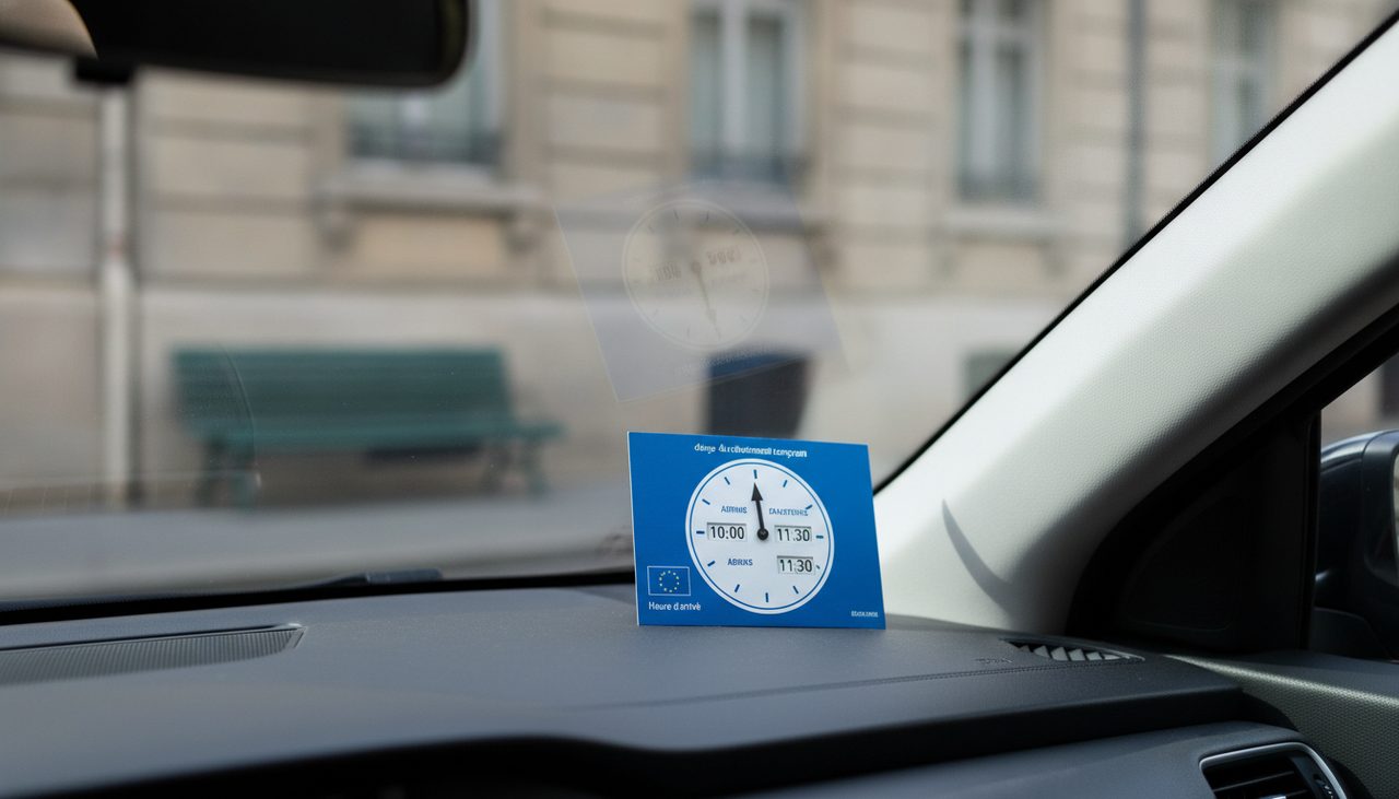Disque de stationnement européen réglé sur l'heure d'arrivée posé derrière le pare-brise
