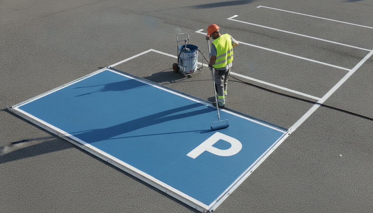 Application de peinture bleue pour le marquage au sol d'une zone bleue de stationnement