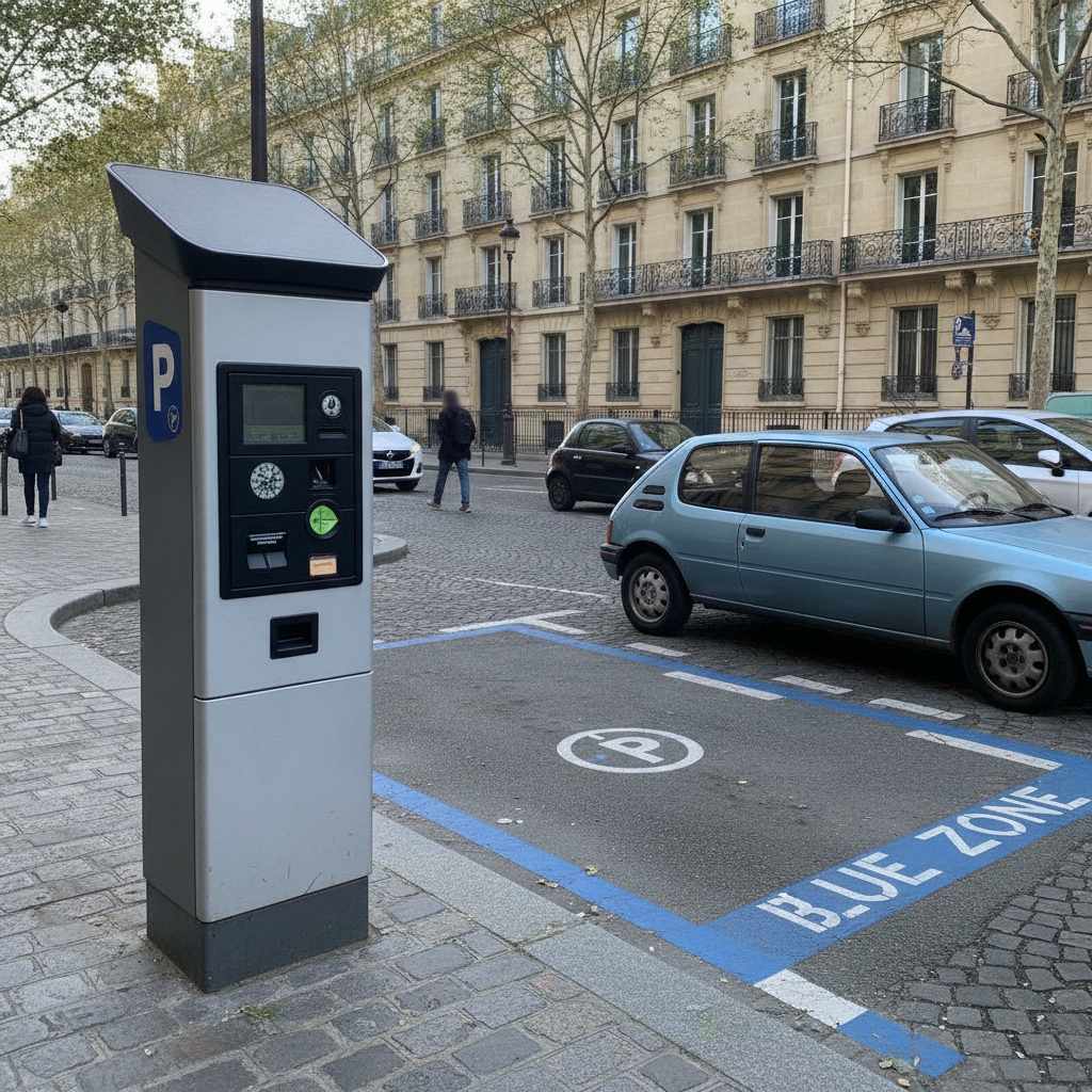 Horodateur de stationnement payant avec marquage de zone bleue à Lyon