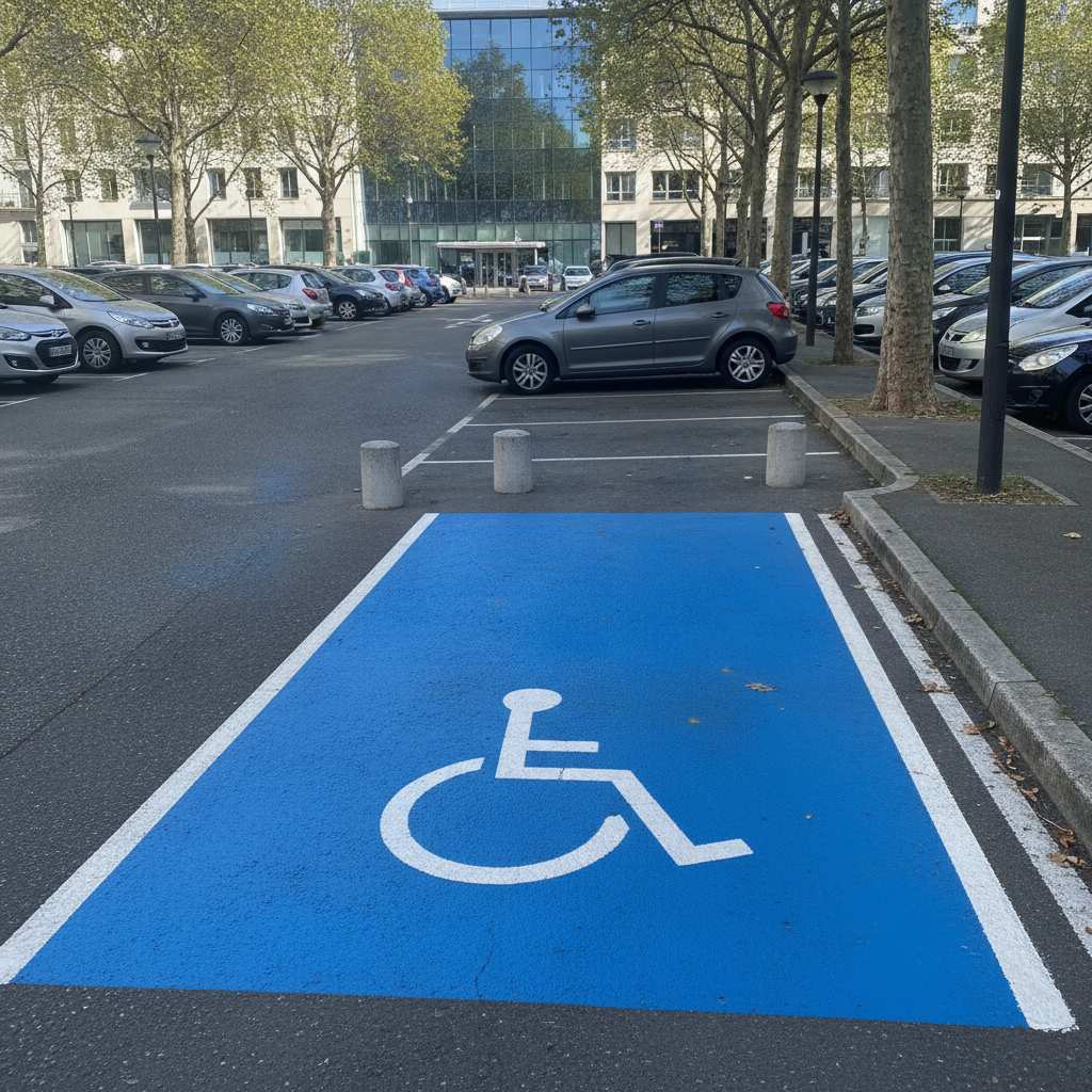 Place de stationnement PMR avec marquage bleu conforme à Lyon