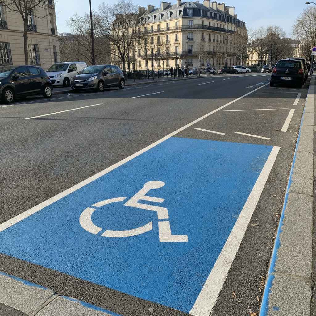 Place de parking handicape marquee au sol avec pictogramme