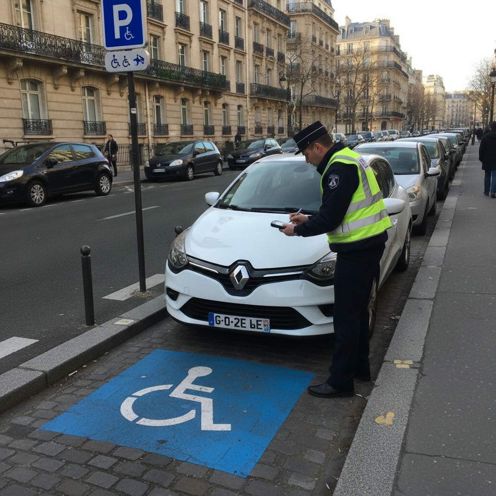 Agent verbalisant un vehicule stationne sur une place handicapee