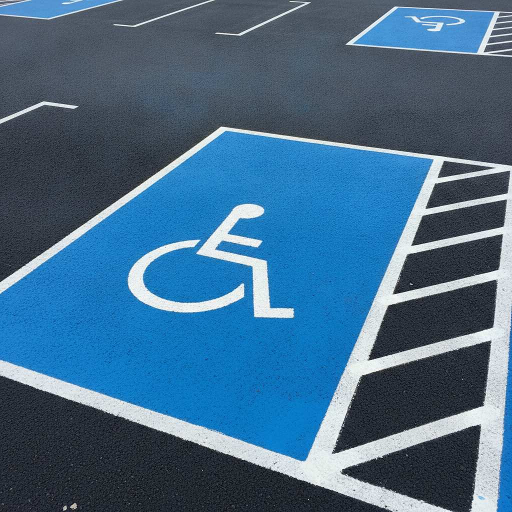 Place de stationnement PMR peinte en bleu avec pictogramme et bande d'acces
