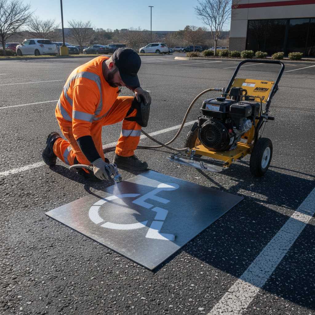 Application au pochoir du pictogramme d'une place de stationnement PMR