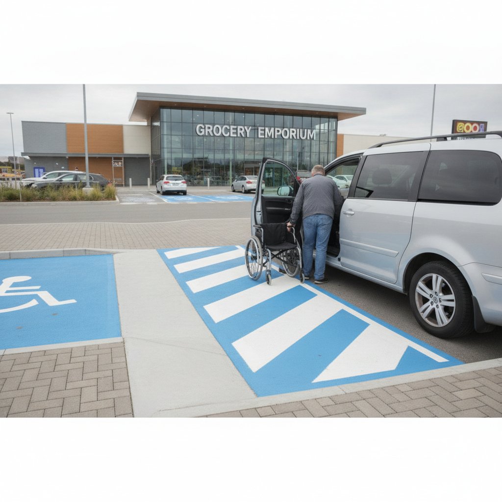 Usager en fauteuil roulant utilisant la bande d'acces d'une place PMR