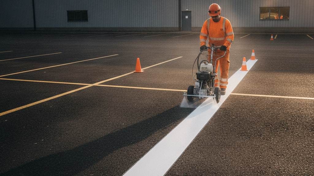 Applicateur professionnel traçant un marquage de parking avec machine airless