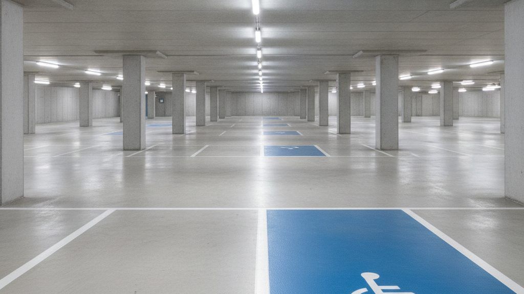 Parking souterrain avec places numérotées et marquage au sol blanc et bleu
