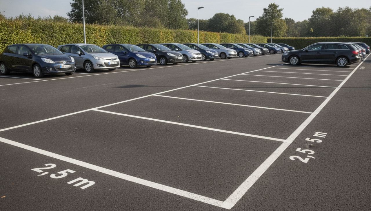 Parking extérieur avec places de stationnement en bataille tracées au sol en peinture blanche, dimensions 2m50 sur 5m